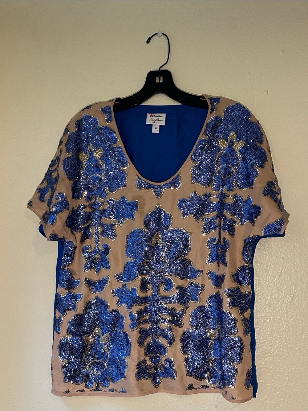 Tracy Reese Blue Sequin Floral Short Sleeve Top on Nude